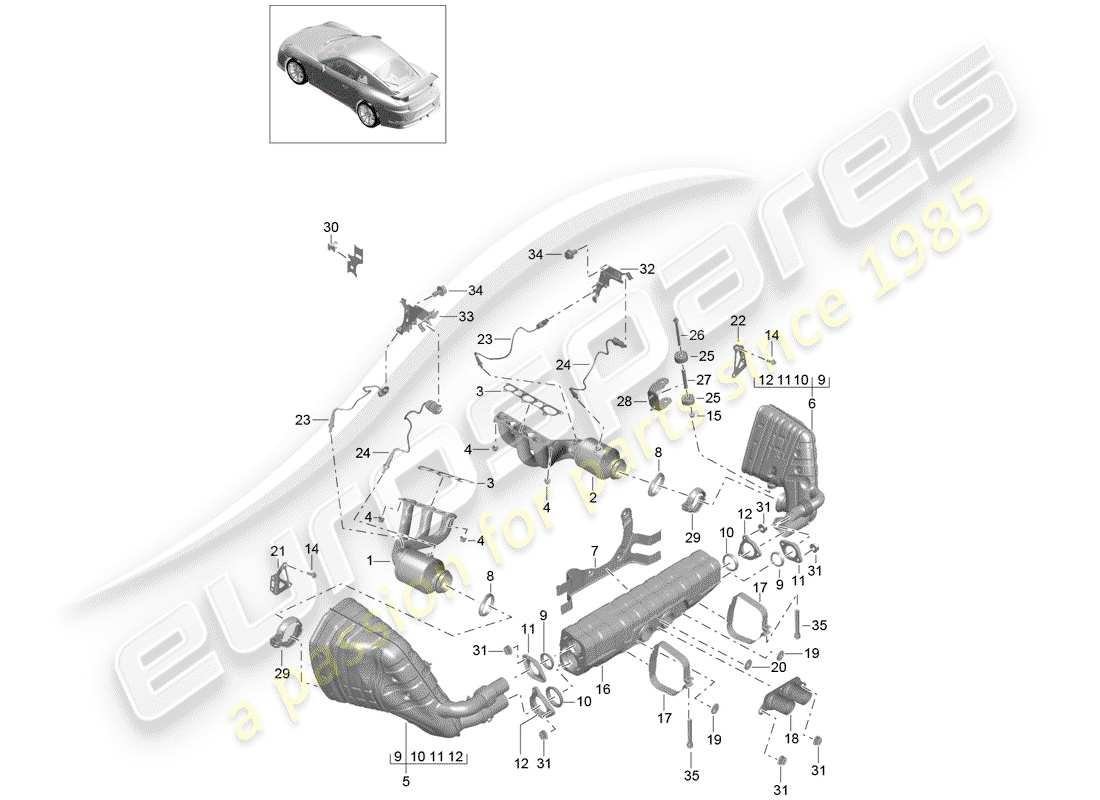 porsche 2016 (991-1 r/gt3/rs) exhaust system part diagram