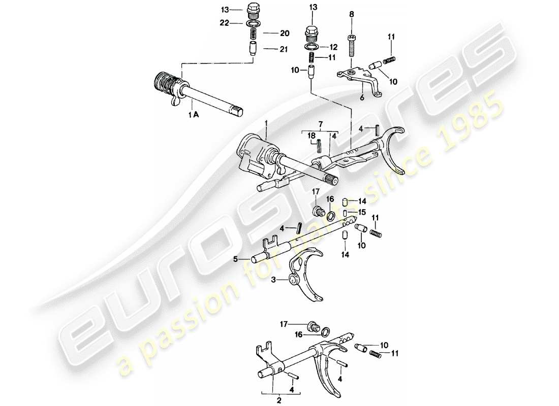porsche 924 (1985) shift rods - shift forks - manual gearbox - vq vr uv md - me mf mb mx - d - mj 1981>> parts diagram