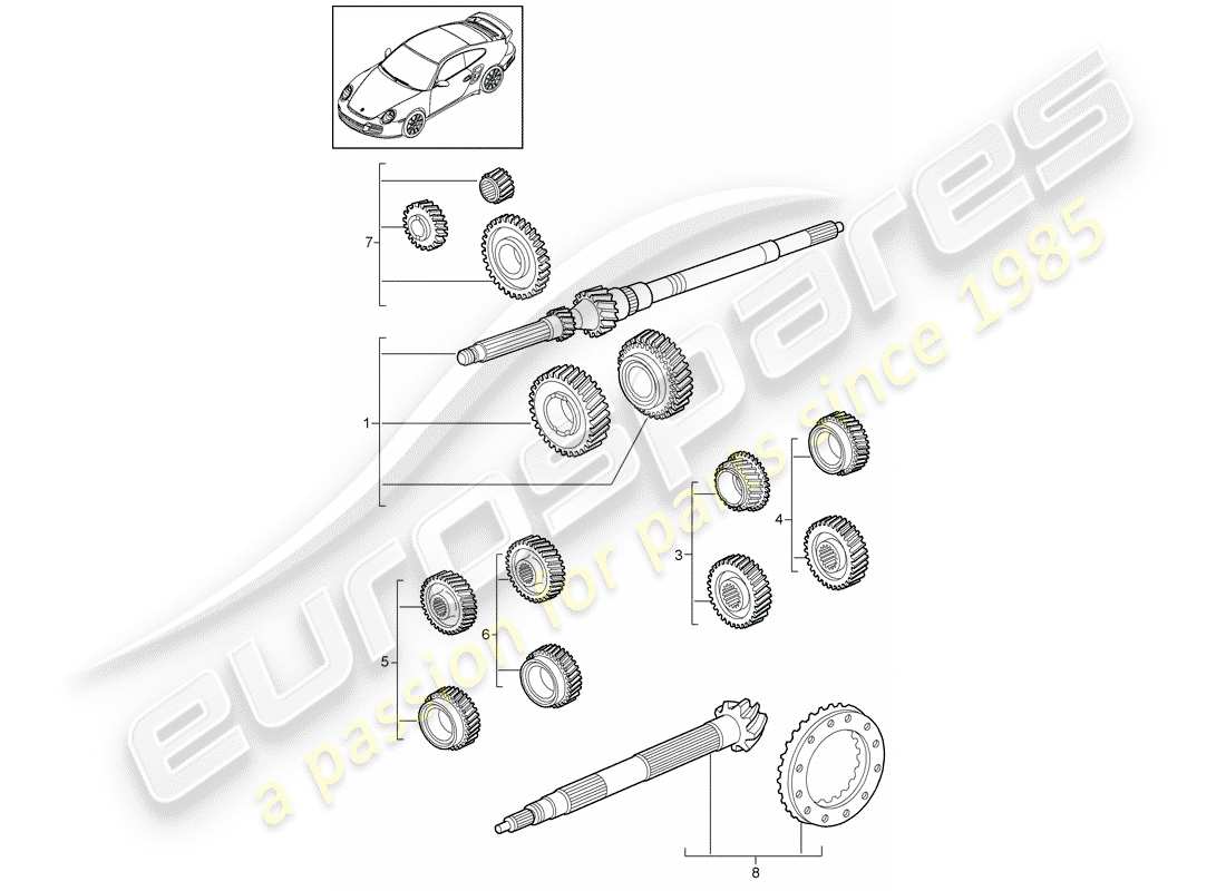 porsche 911 t/gt2rs (2011) gear wheel sets part diagram