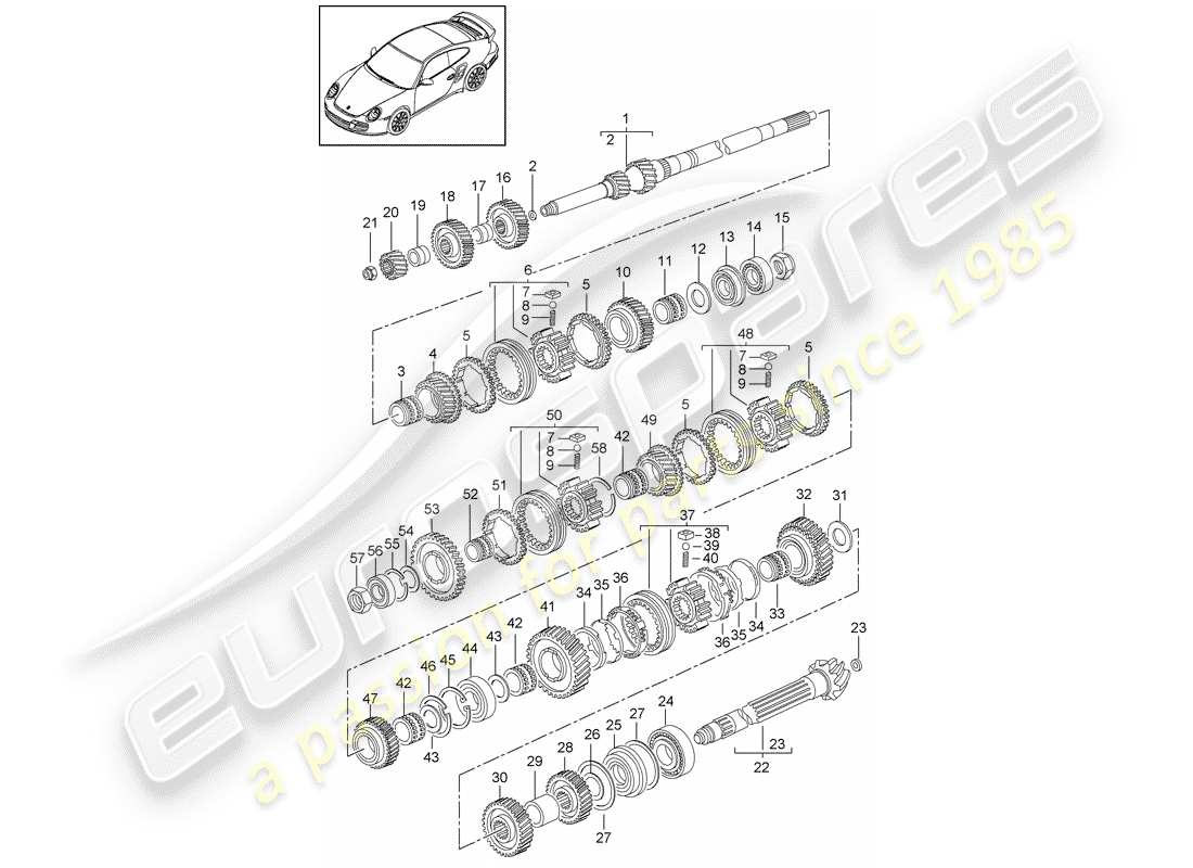 porsche 911 t/gt2rs (2011) gears and shafts part diagram
