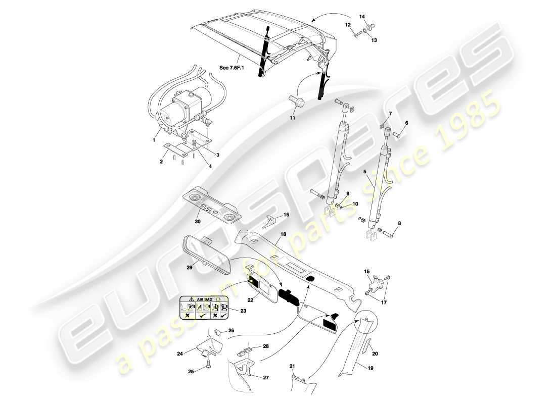 aston martin db7 vantage (2002) volante roof & upper trim part diagram