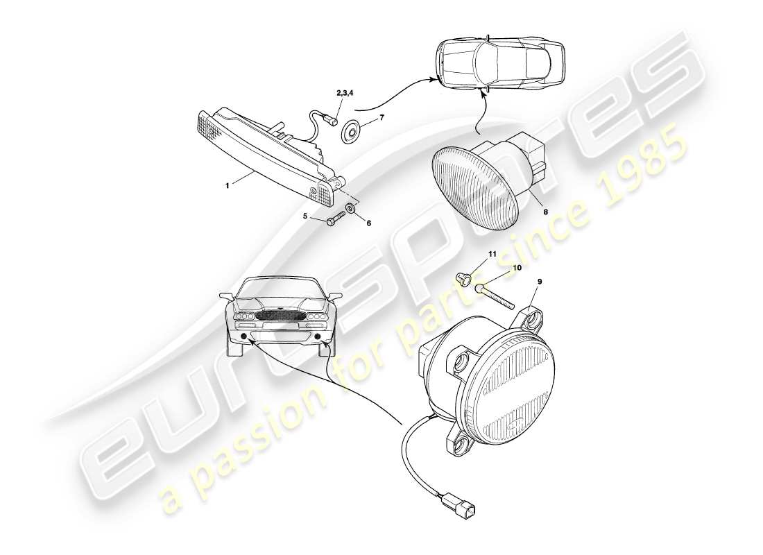 aston martin v8 coupe (2000) exterior lamps part diagram