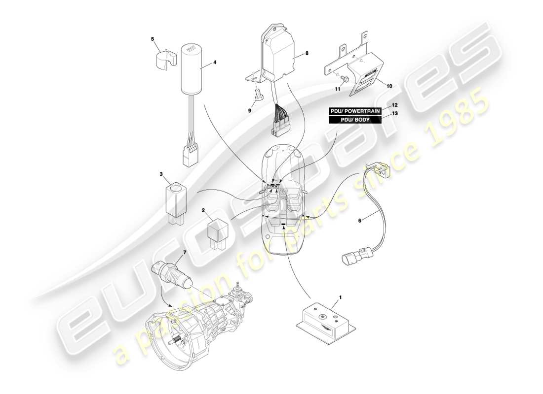 aston martin db7 vantage (2000) centrally mounted components part diagram