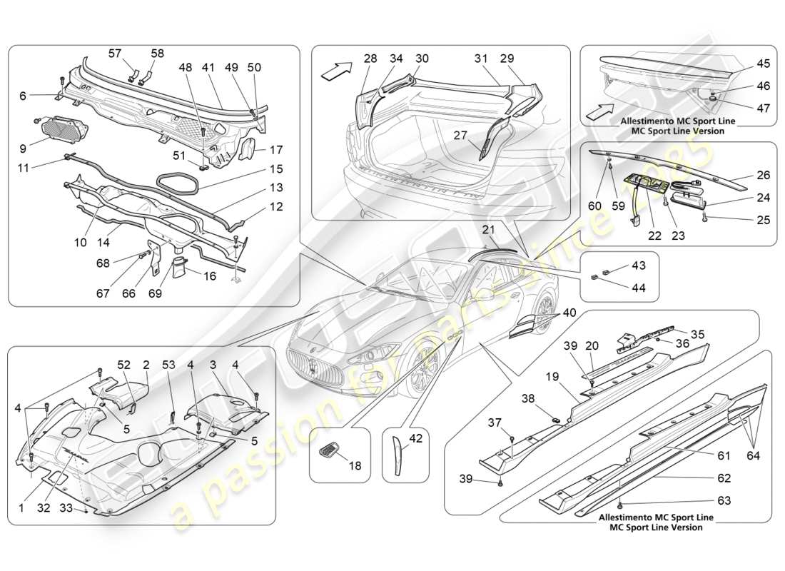 maserati granturismo (2010) shields, trims and covering panels part diagram