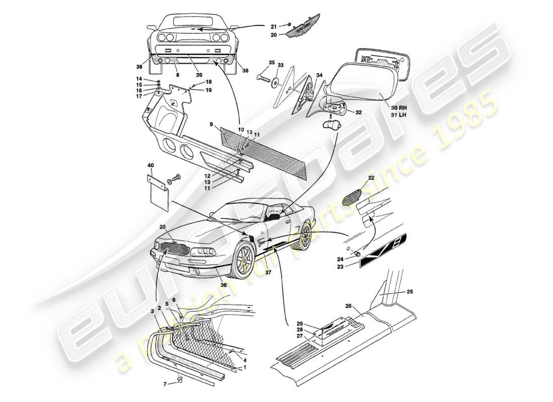 aston martin v8 volante (2000) body fittings part diagram