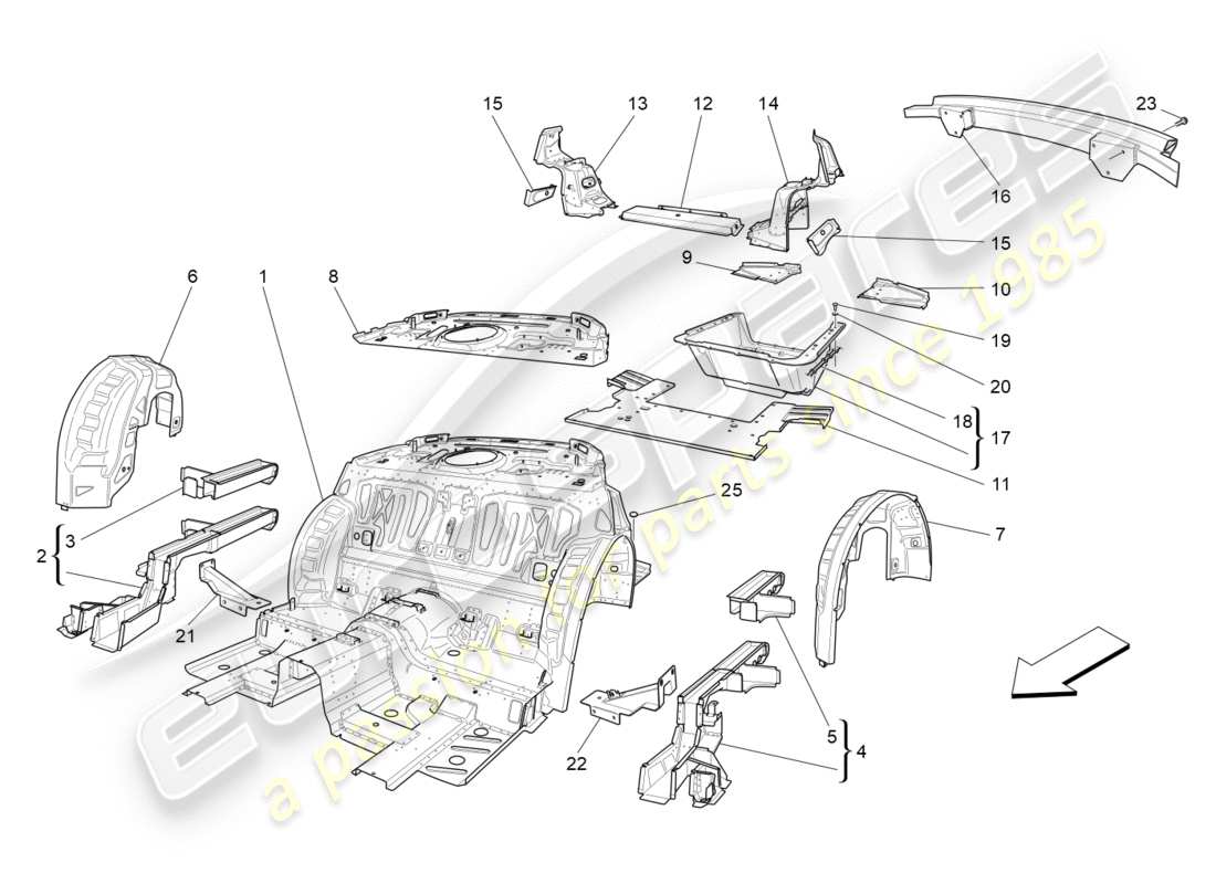 maserati granturismo s (2016) rear structural frames and sheet panels part diagram