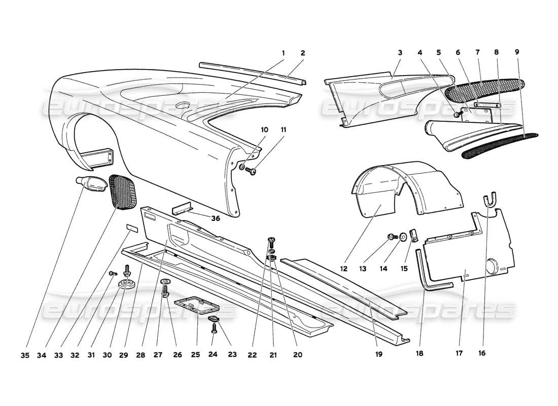 lamborghini diablo 6.0 (2001) body elements - right side part diagram