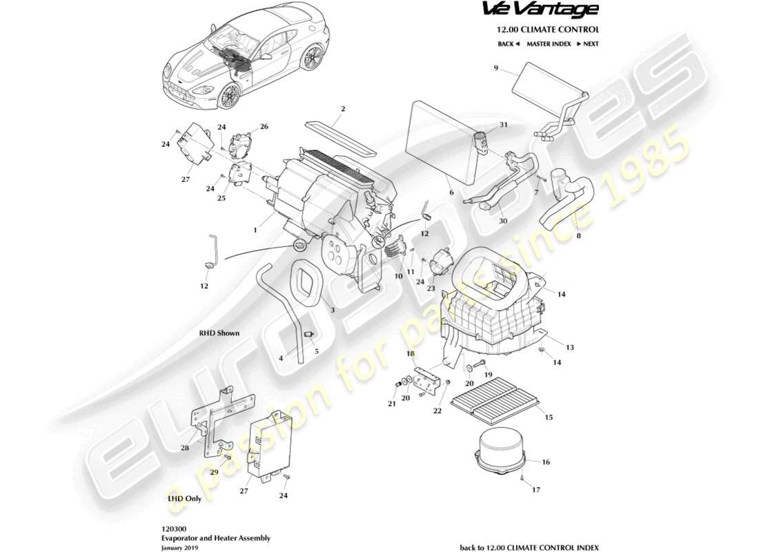 aston martin v12 vantage (2010) evaporator & heater part diagram