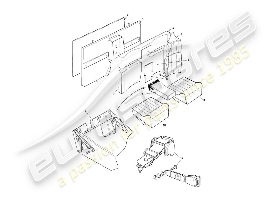 aston martin v8 coupe (2000) rear seats & belts part diagram