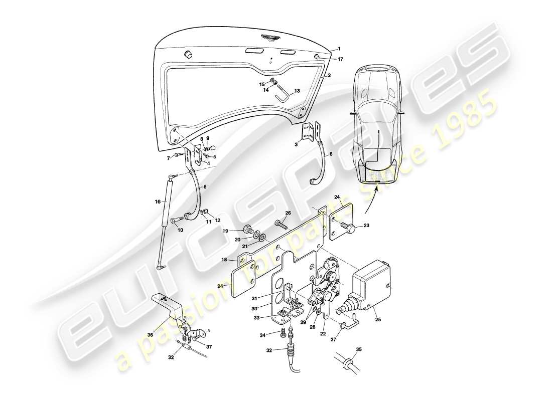 aston martin v8 coupe (2000) trunk lid, vin v79080 & v79074 on part diagram