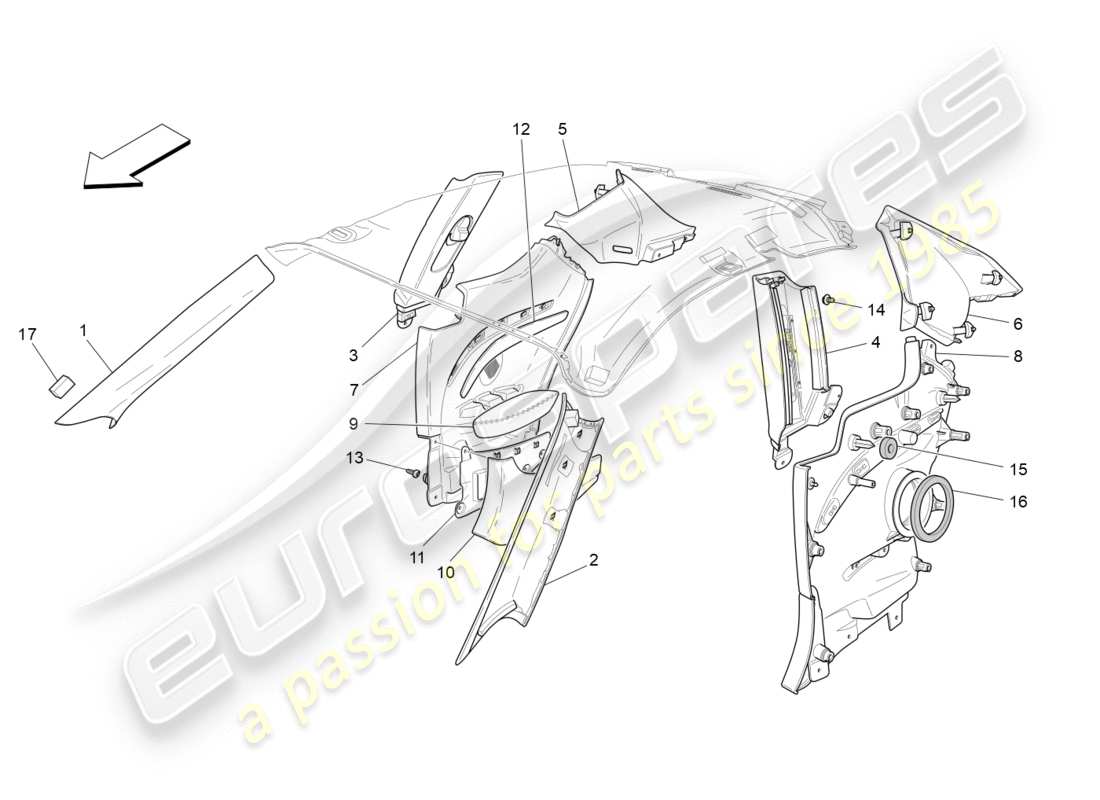 maserati granturismo s (2017) passenger compartment b pillar trim panels and side panels part diagram