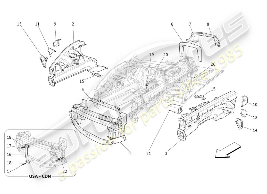 maserati granturismo s (2019) front structural frames and sheet panels part diagram