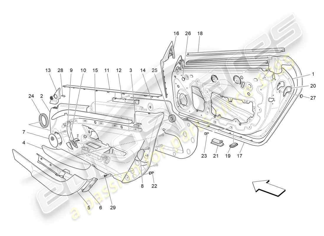 maserati granturismo (2010) front doors: trim panels part diagram