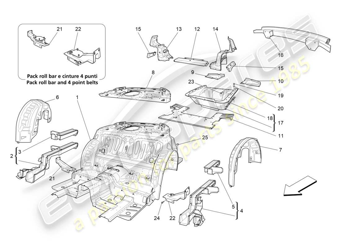 maserati qtp 3.0 tds v6 275hp (2015) rear structural frames and sheet panels part diagram