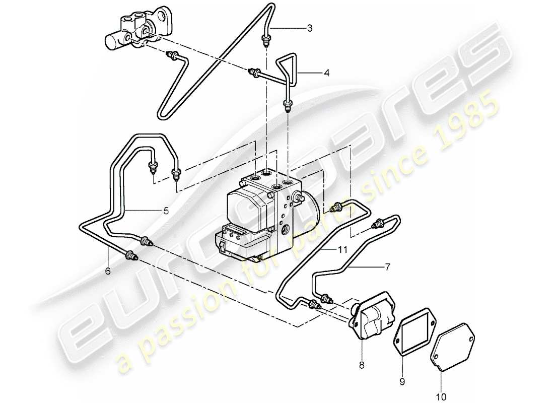 porsche 2005 (996 gt3) brake lines - front end parts diagram