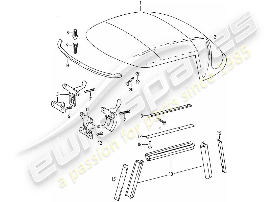 porsche 1964 (356b/356c) convertible top - accessories parts diagram