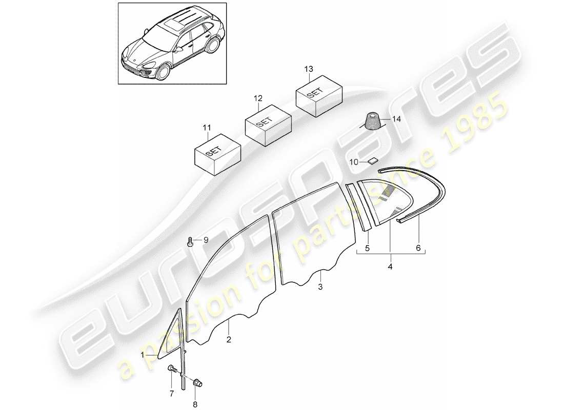 porsche 2018 (cayenne e2 92a) window glasses parts diagram