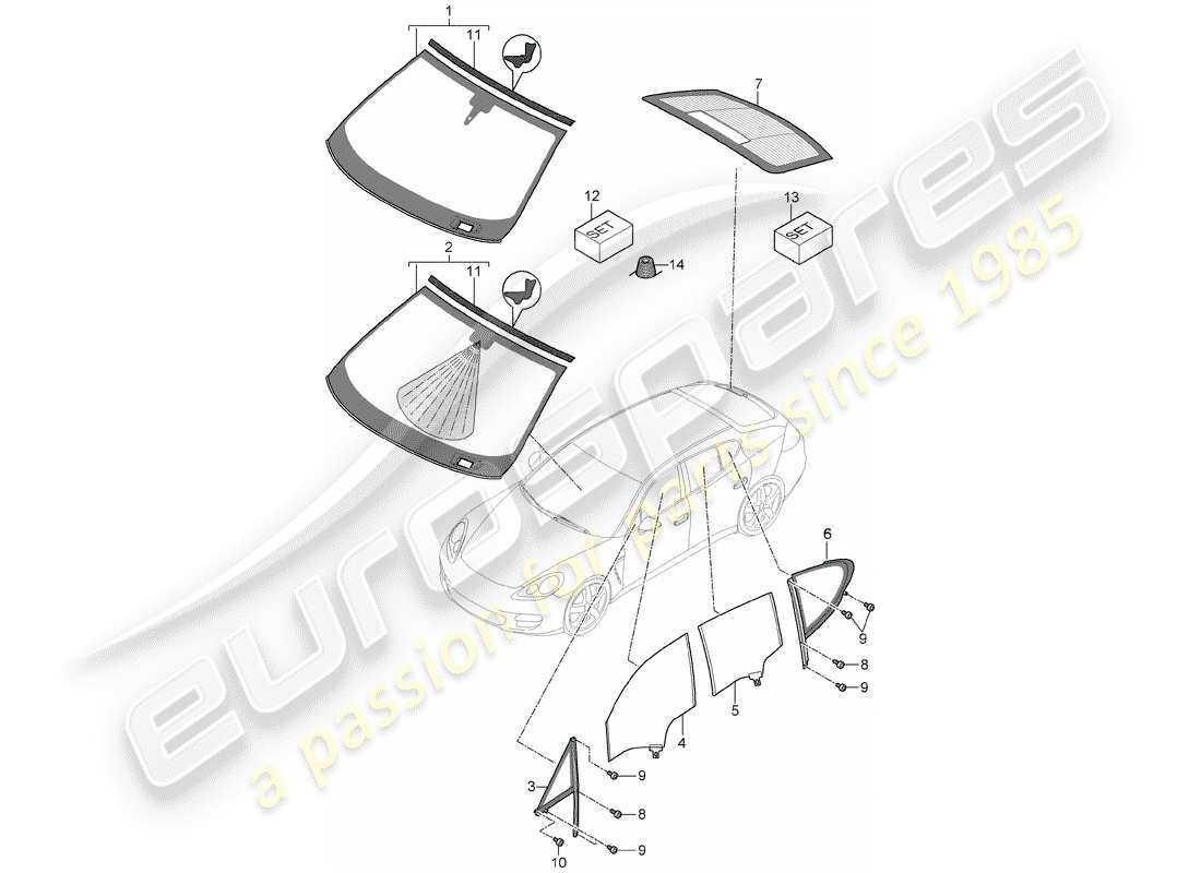 porsche 2010 (panamera 970) window glazing part diagram