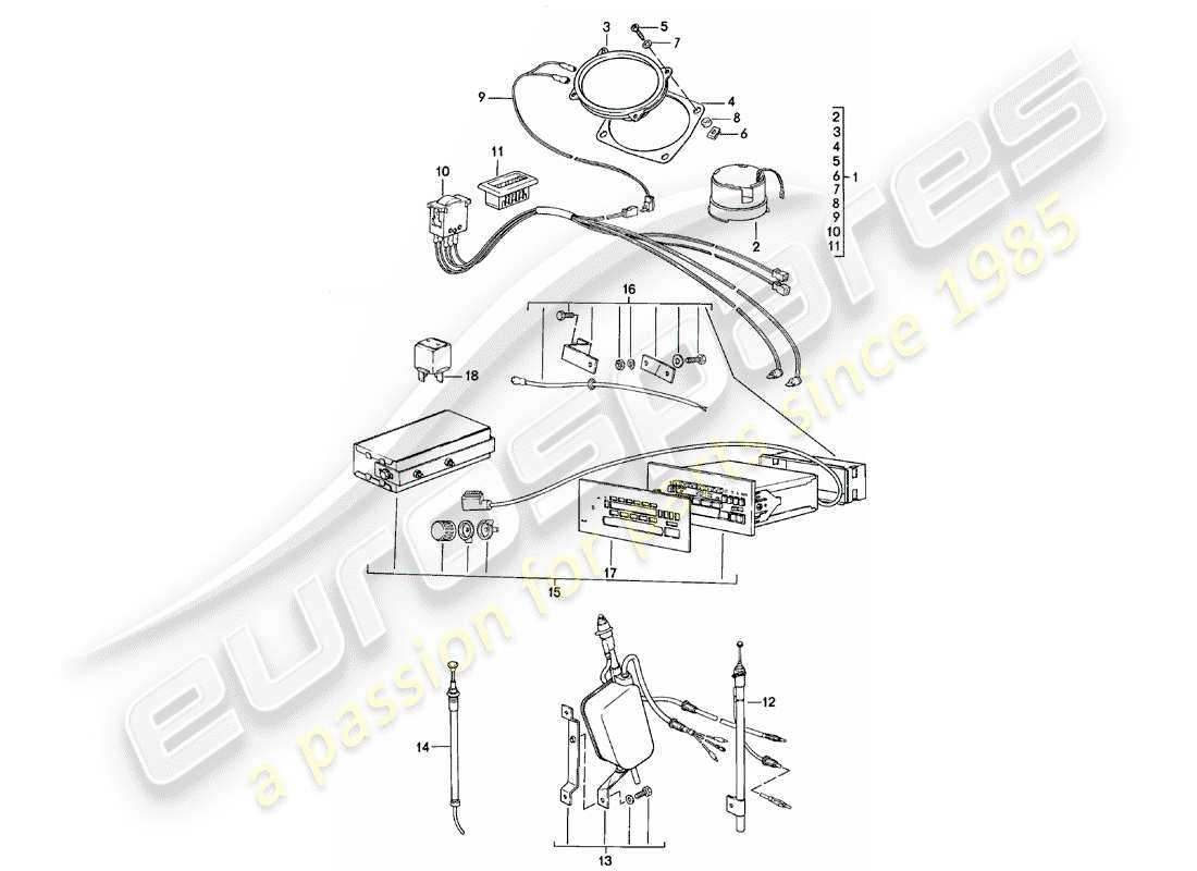 porsche 1983 (924) radio unit - with: - 3 - loudspeaker - d >> - mj 1982 part diagram