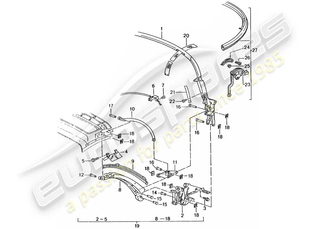 porsche boxster 986 (2000) top frame - single parts parts diagram