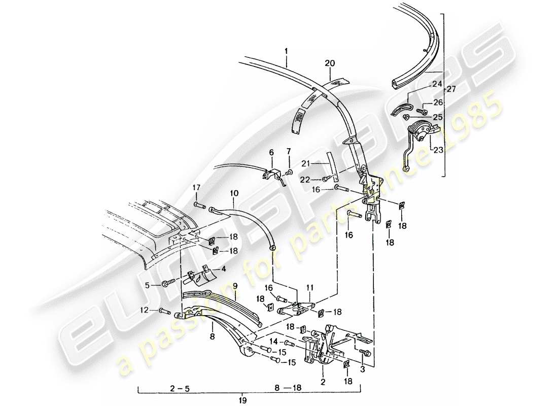 porsche 2001 (986 boxster) top frame - single parts part diagram