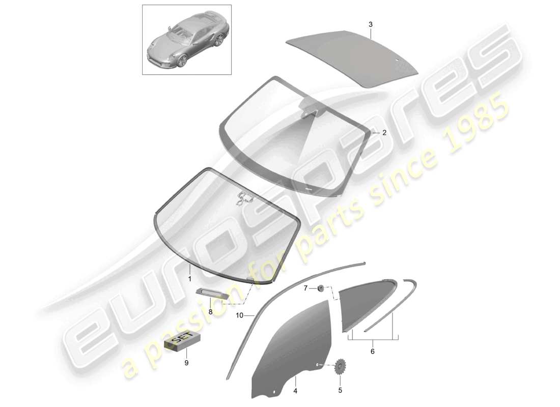 porsche 2016 (991-1 turbo) windscreen side window d - mj 2017>> part diagram