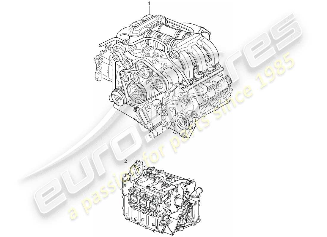 porsche boxster 986 (1997) replacement engine - without: - driving disk - tiptronic - without: - flywheel - manual gearbox - without: - compressor parts diagram