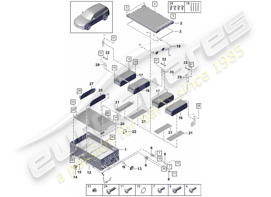 porsche 2020 (cayenne e3 9ya/9yb) hybrid battery part diagram
