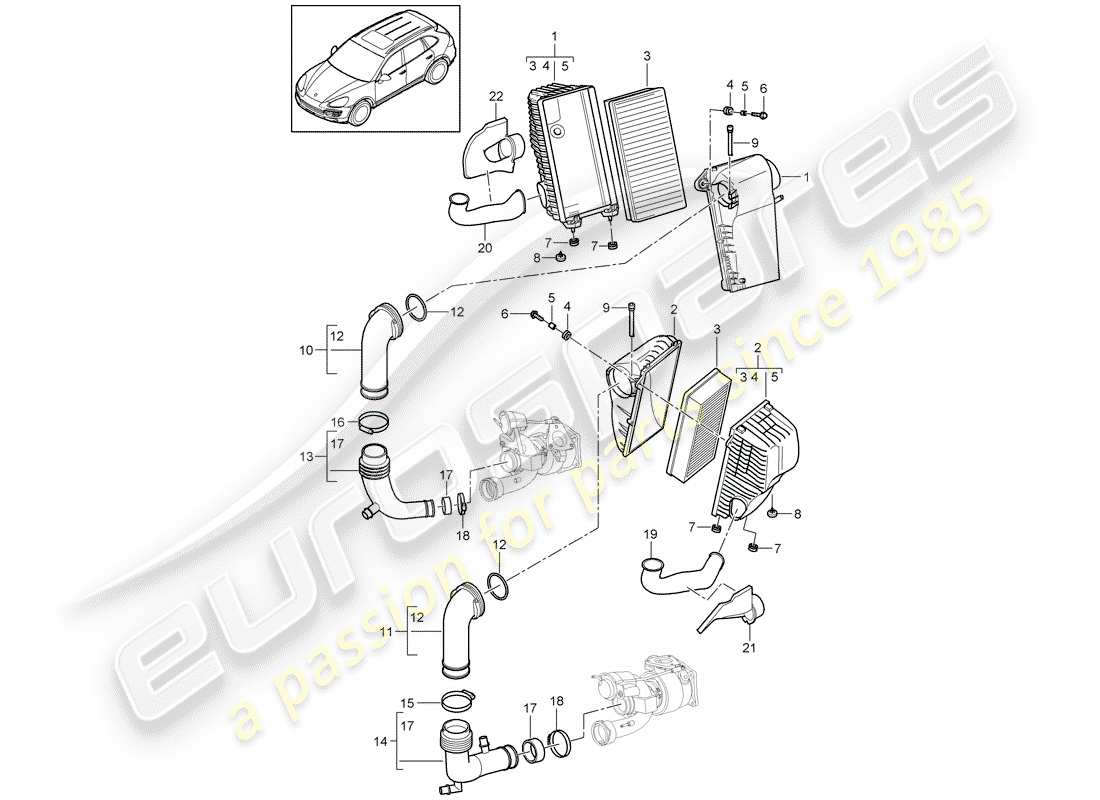 porsche cayenne e2 (2018) air cleaner with connecting parts diagram