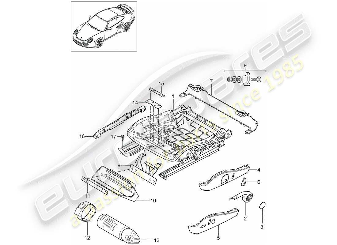 porsche 2011 (997-2 turbo / gt2 rs) seat frame part diagram