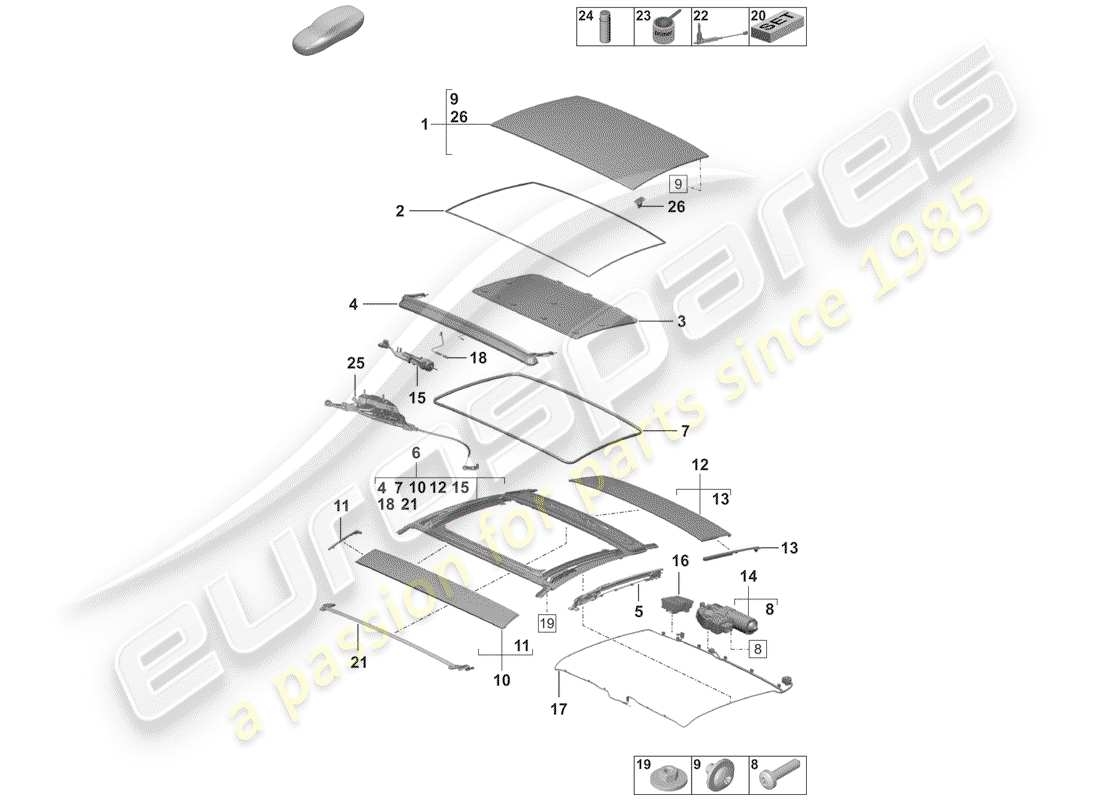 porsche 2019 (992-1) sliding/tilting roof parts diagram