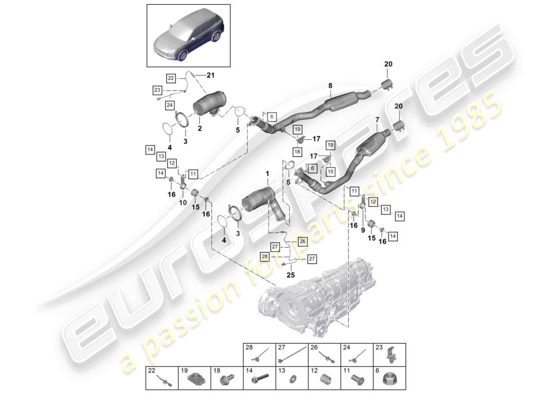 porsche 2018 (cayenne e3 9ya/9yb) exhaust system catalytic converter petrol particulate filter lambda probe part diagram
