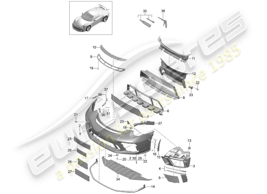 porsche 2019 (991-2 r/gt3/rs) bumper part diagram