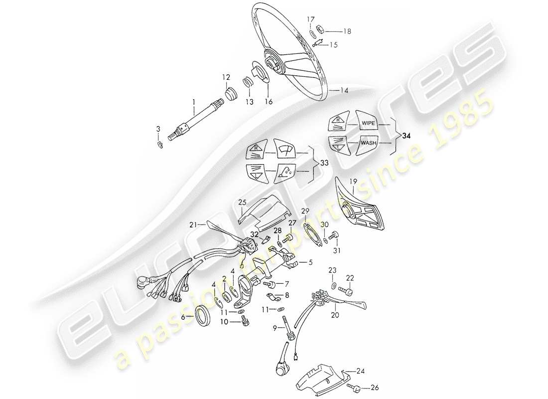 porsche 1973 (911) intermediate steering shaft - steering wheel - steering column switch part diagram