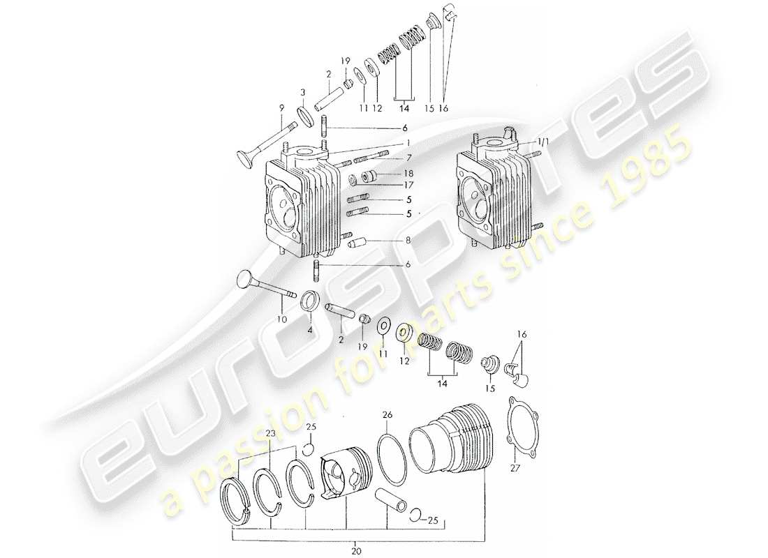 porsche 1973 (911) cylinder head - cylinder with pistons - d - mj 1972>> part diagram