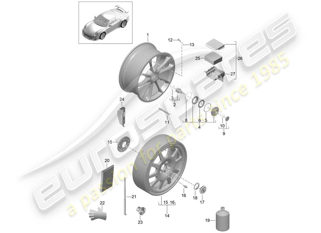 porsche 991r/gt3/rs (2015) alloy wheel parts diagram