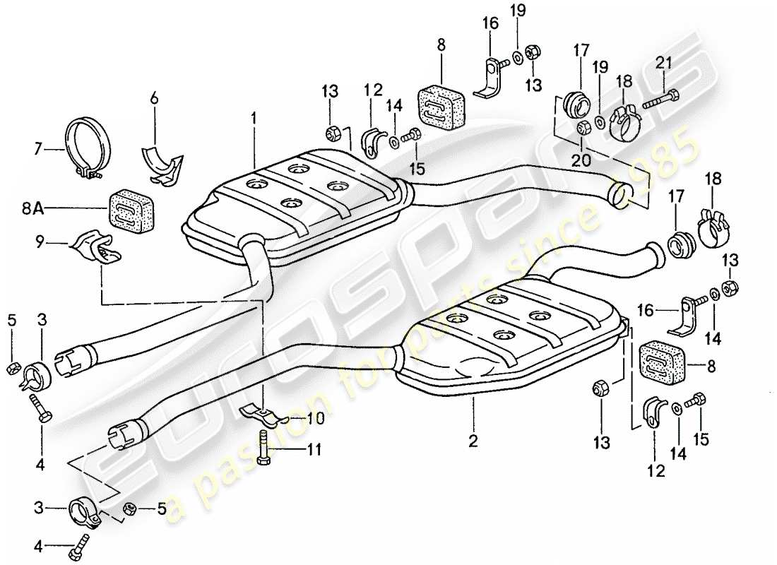 porsche 1987 (928) exhaust system - intermediate silencer part diagram