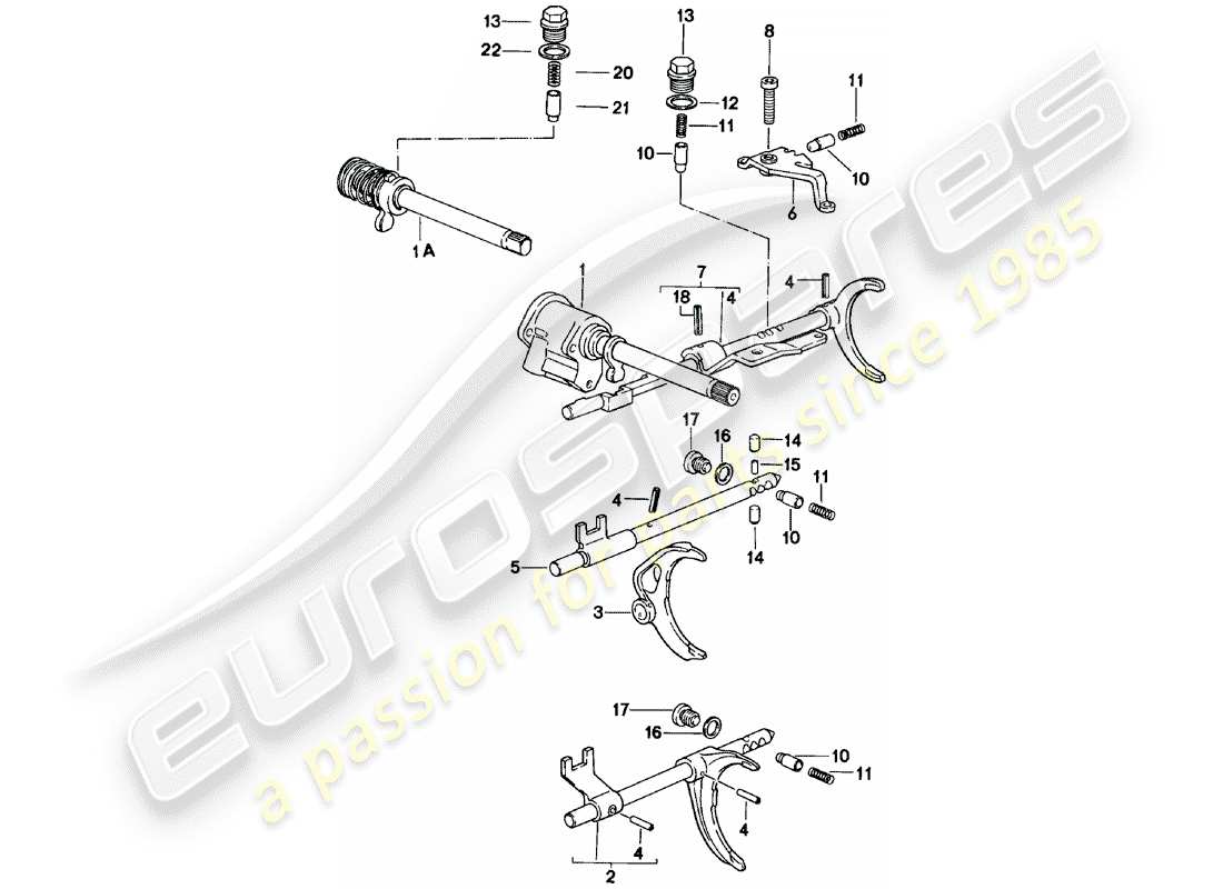 porsche 1982 (924) shift rods - shift forks - manual gearbox - vq vr uv md - me mf mb mx - d - mj 1981>> part diagram