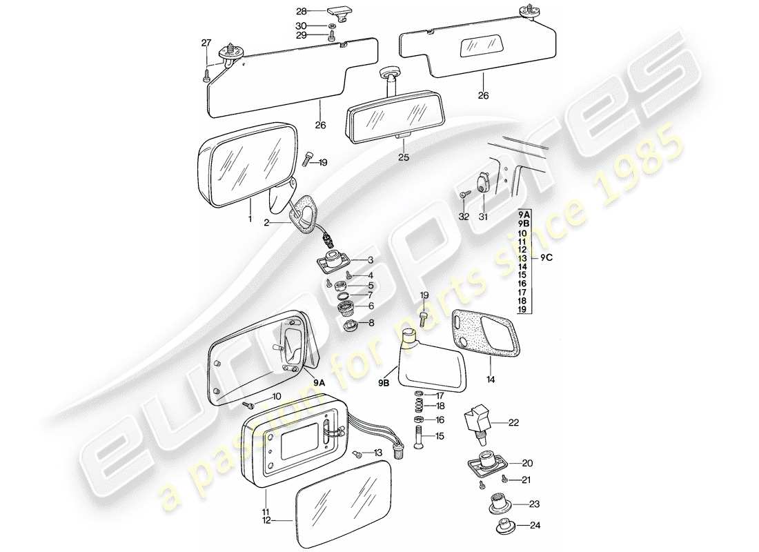 porsche 1983 (944) rear view mirror inner - rear view mirror - sun vizor part diagram