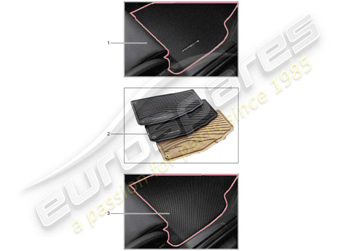 porsche 2018 (tequipment 98x/99x) 1 set footmats (textile) part diagram