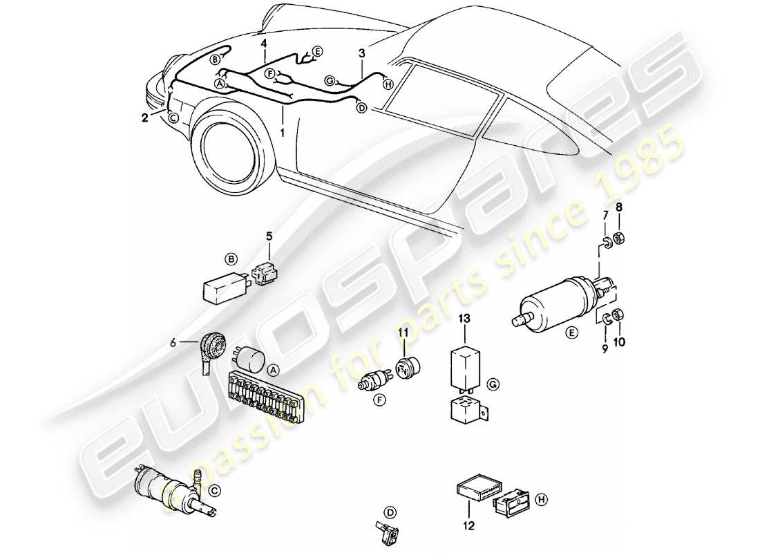 porsche 1982 (911) wiring harnesses - headlight washer system - warning light - fuel pump part diagram