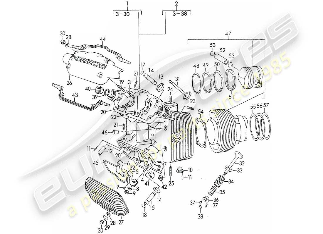 porsche 1955 (356/356a) cylinder head - cylinder with pistons parts diagram