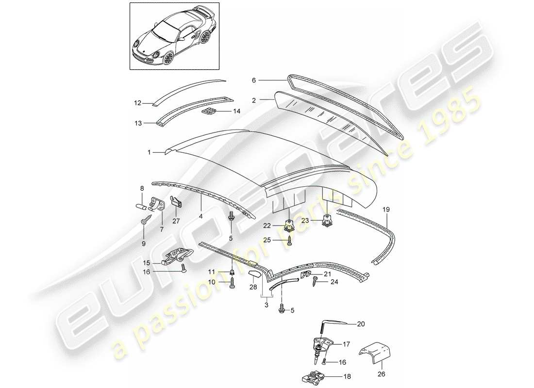 porsche 2011 (997-2 turbo / gt2 rs) hardtop part diagram