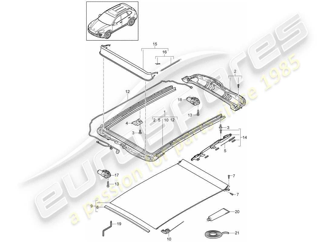 porsche 2018 (cayenne e2 92a) glass roof parts diagram