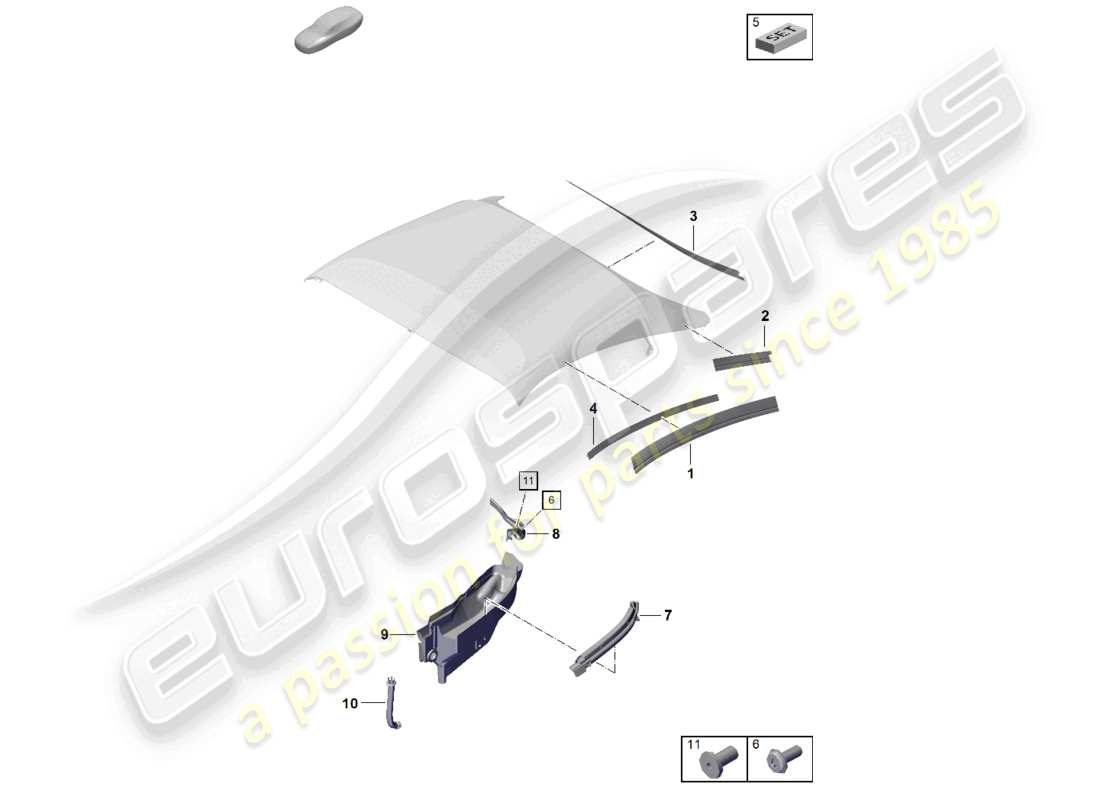 porsche 2019 (718 boxster spyder) convertible top seal water collecting tray part diagram