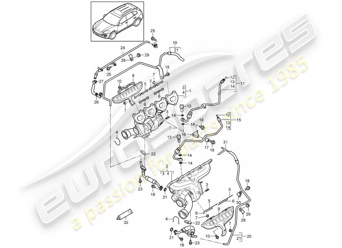 porsche 2013 (cayenne e2 92a) exhaust gas turbocharger parts diagram