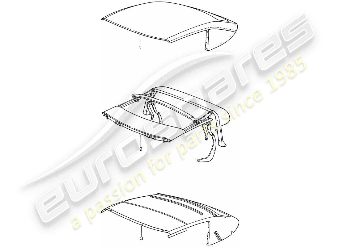porsche 1997 (993) convertible top covering - top frame - roofliner part diagram