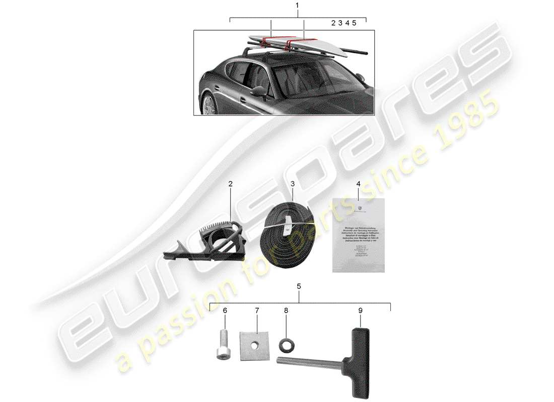porsche 2019 (tequipment panamera) surf board carrier parts diagram