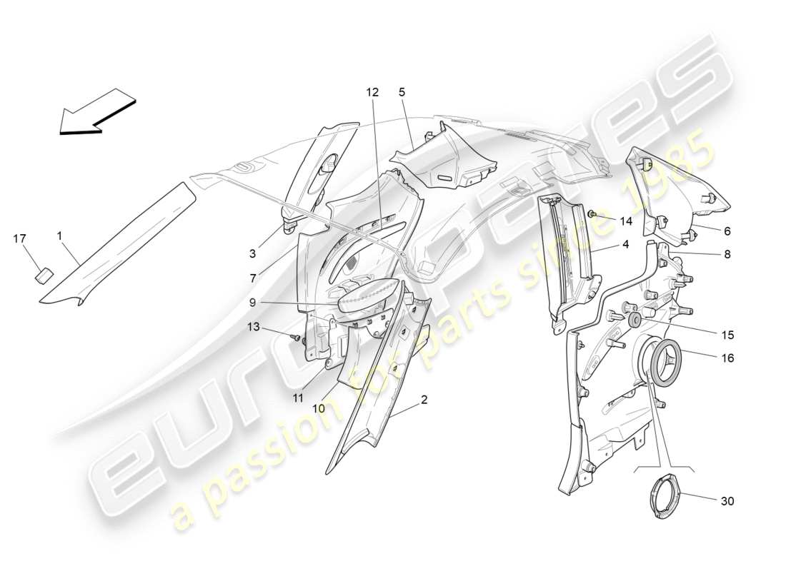 maserati granturismo s (2018) passenger compartment b pillar trim panels and side panels part diagram