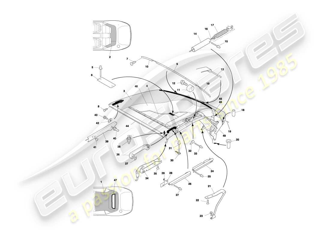 aston martin db7 vantage (2000) volante roof & upper trim part diagram